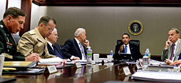  From left, General Petraeus, Admiral Mike Mullen, Robert Gates, Joe Biden, President Obama and James Jones